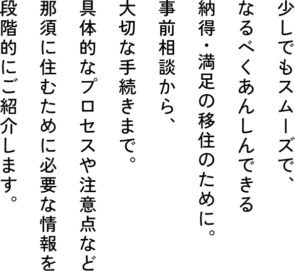少しでもスムーズで、　なるべくあんしんできる　納得・満足の移住のために。　事前相談から、　大切な手続きまで。　具体的なプロセスや注意点など　那須に住むために必要な情報を段階的にご紹介します。